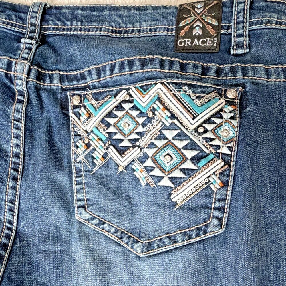 Grace in LA Womens Jeans 22 P-Bootcut Geometric Embroidered Beads Blue